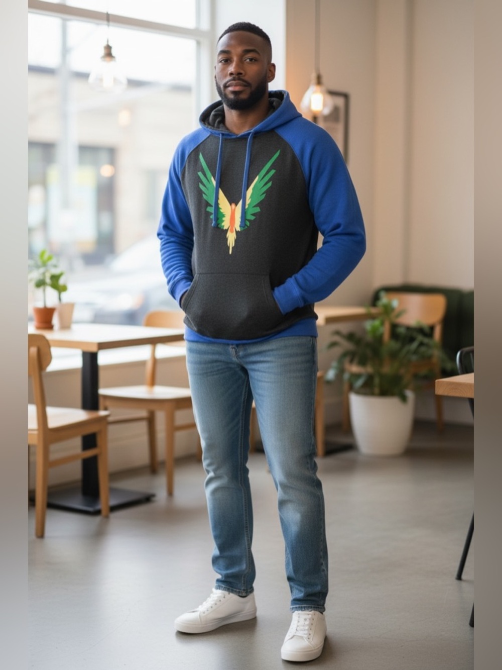 Maverick by Logan Paul Blue & Charcoal Pullover Hoodie with Green Wing Graphic